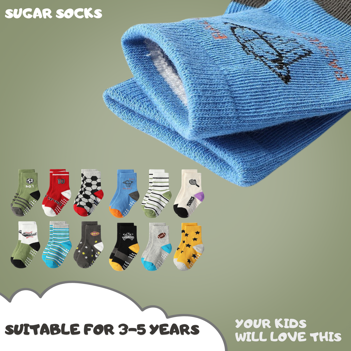 Non Slip Cotton Kids Toddler Ankle Socks with Gripper 12 Pairs Socks for Boys Girls Baby Socks for 3-5 Years