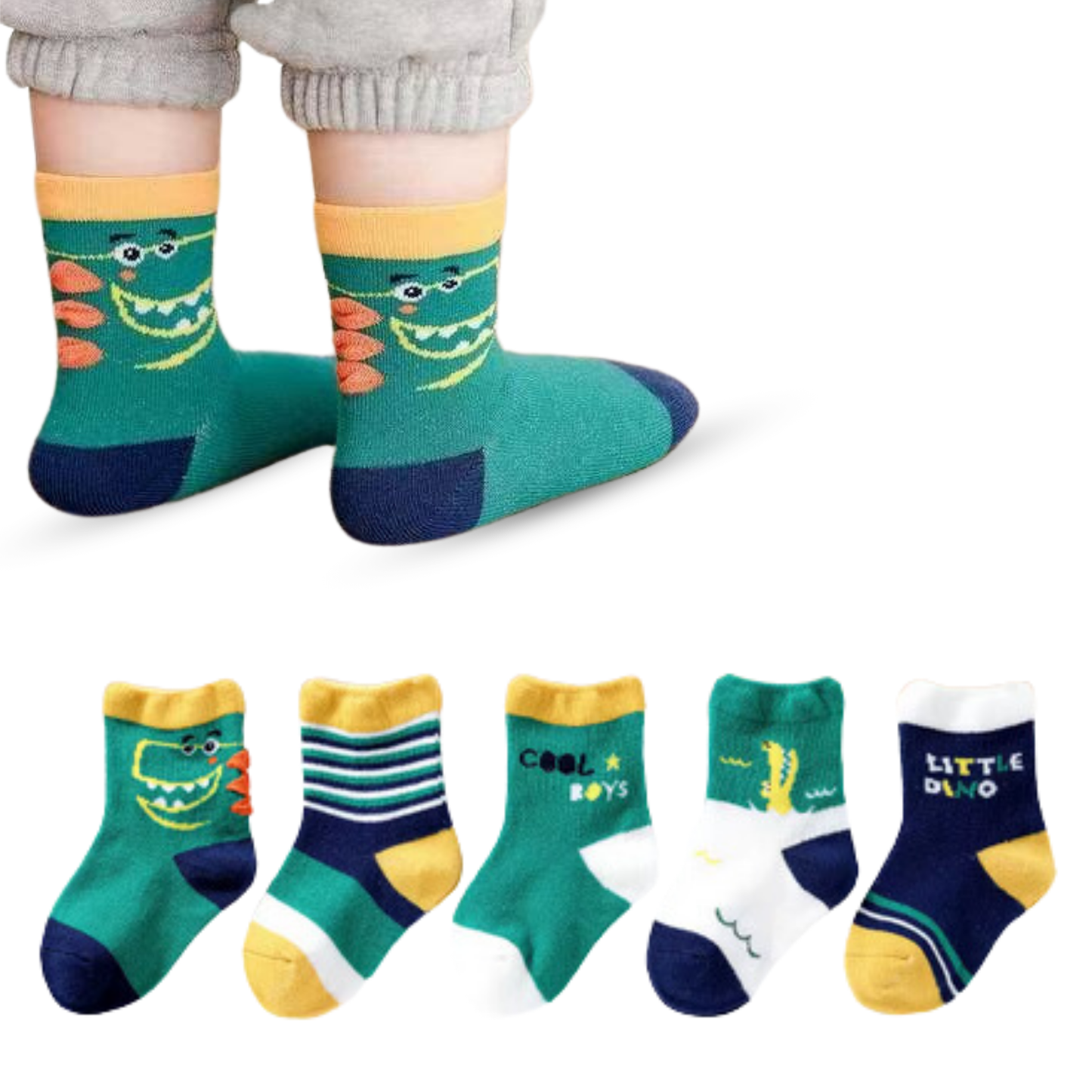 Baby Boys Socks - Cotton Crew Toddler Socks With Fun Dinosaur Pattern Design - Pack of 5 Pair 3-5 Years