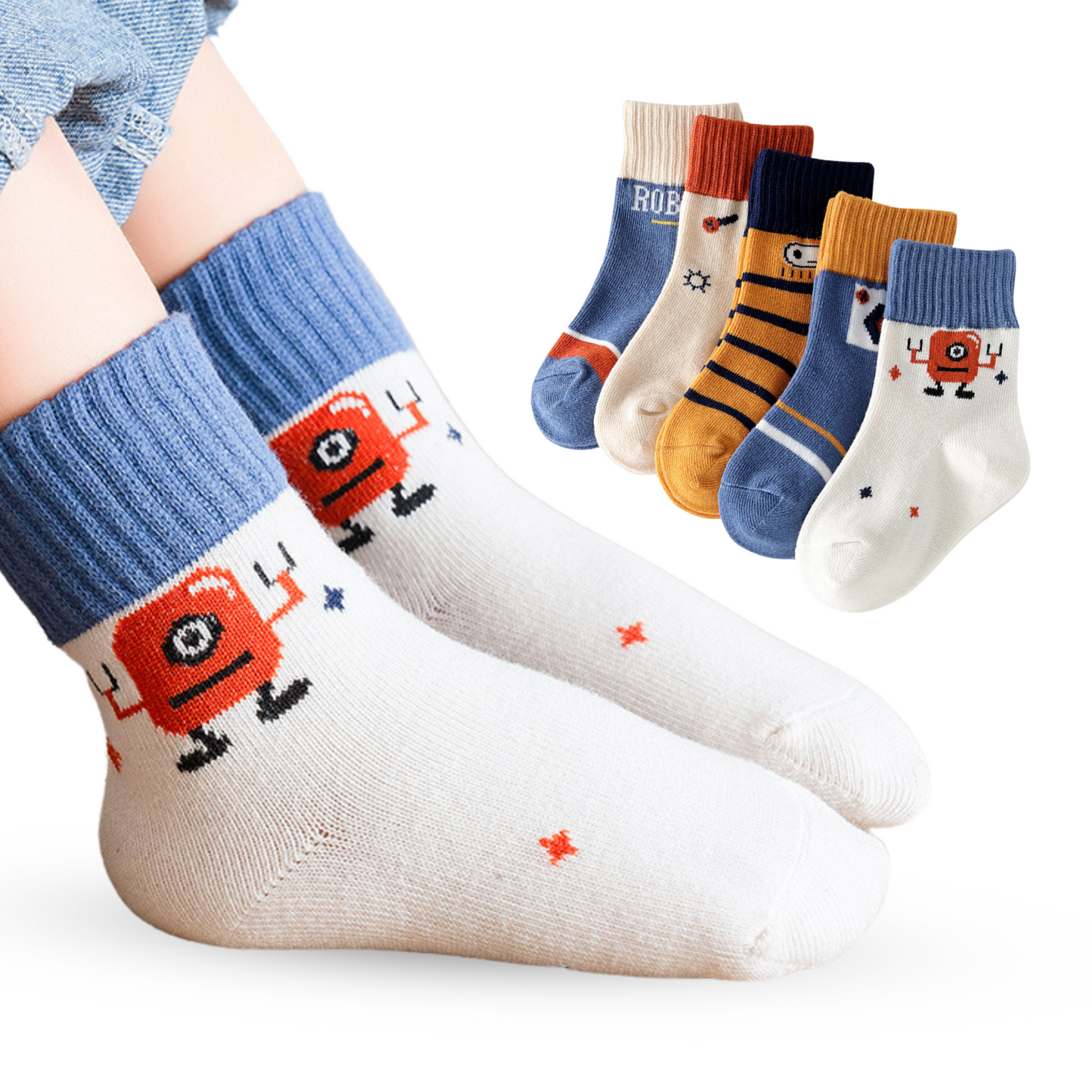 Baby Boys Socks - Cotton Crew Toddler Socks With Fun Robots Pattern Design - Pack of 5 Pair 3-5 Years