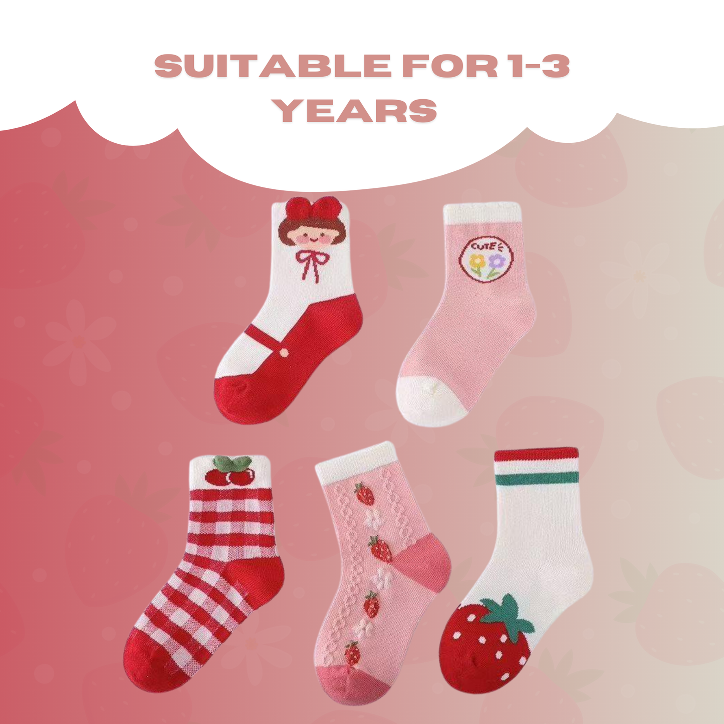 Baby Girls Socks - Cotton Crew Toddler Socks With Strawberry Pattern Design - Pack of 5 Pair 1-3 Years