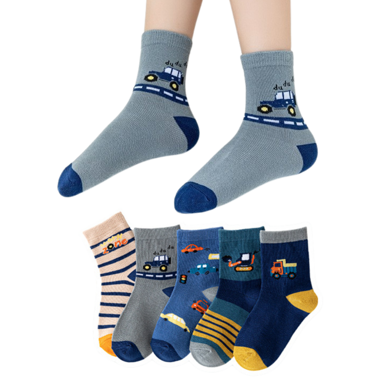 Baby Boys Socks - Cotton Crew Toddler Socks With Fun Transport Pattern Design - Pack of 5 Pair 1-3 Years