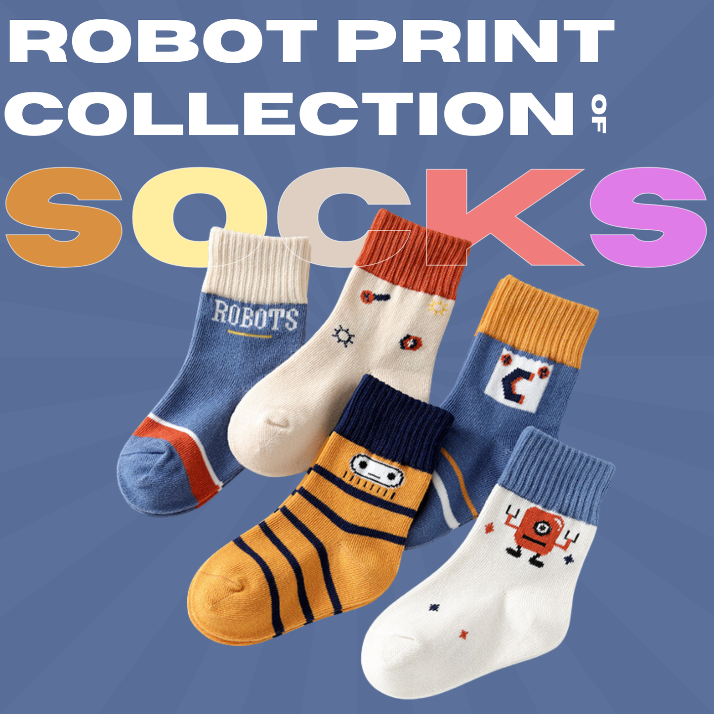 Baby Boys Socks - Cotton Crew Toddler Socks With Fun Robots Pattern Design - Pack of 5 Pair 1-3 Years