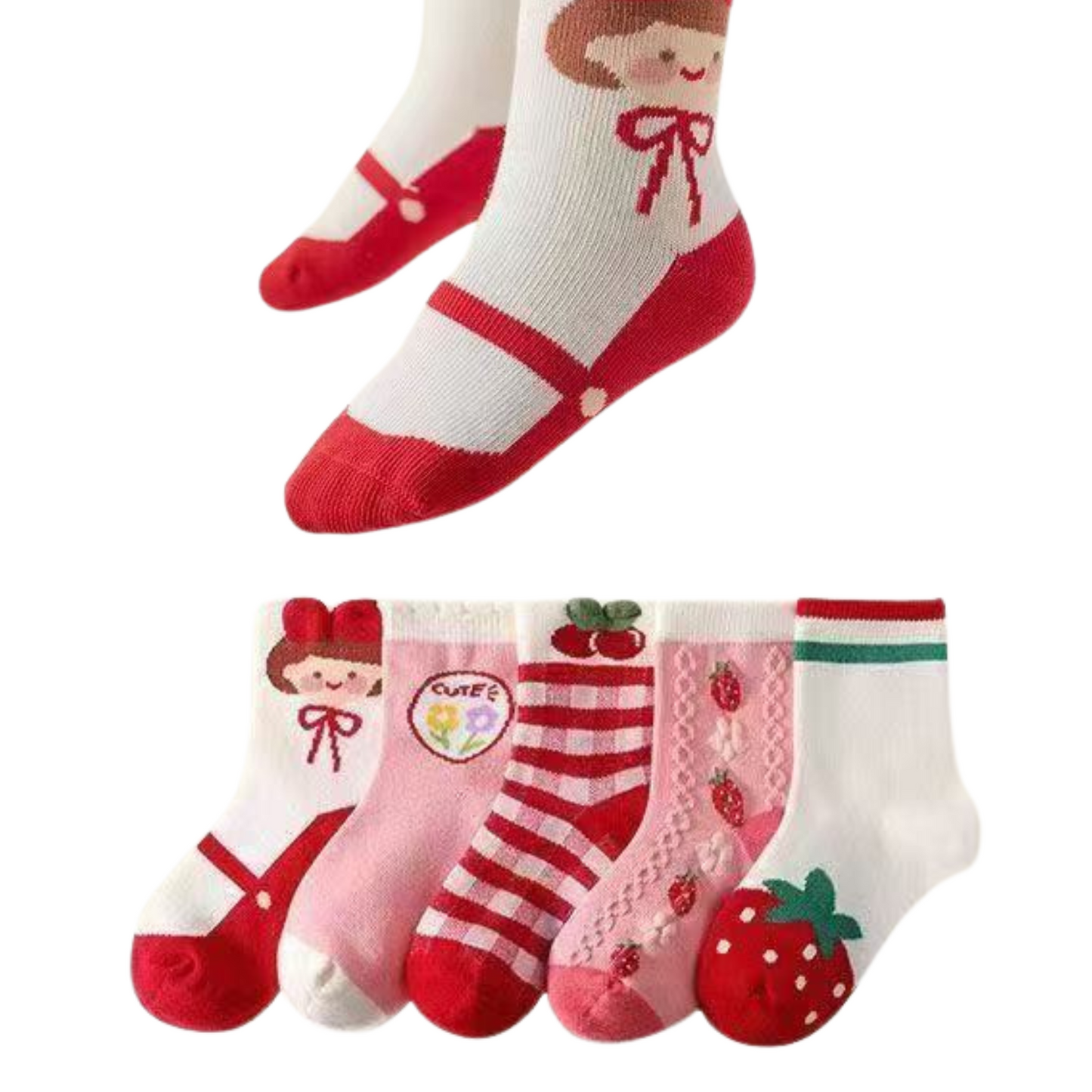 Baby Girls Socks - Cotton Crew Toddler Socks With Strawberry Pattern Design - Pack of 5 Pair 1-3 Years