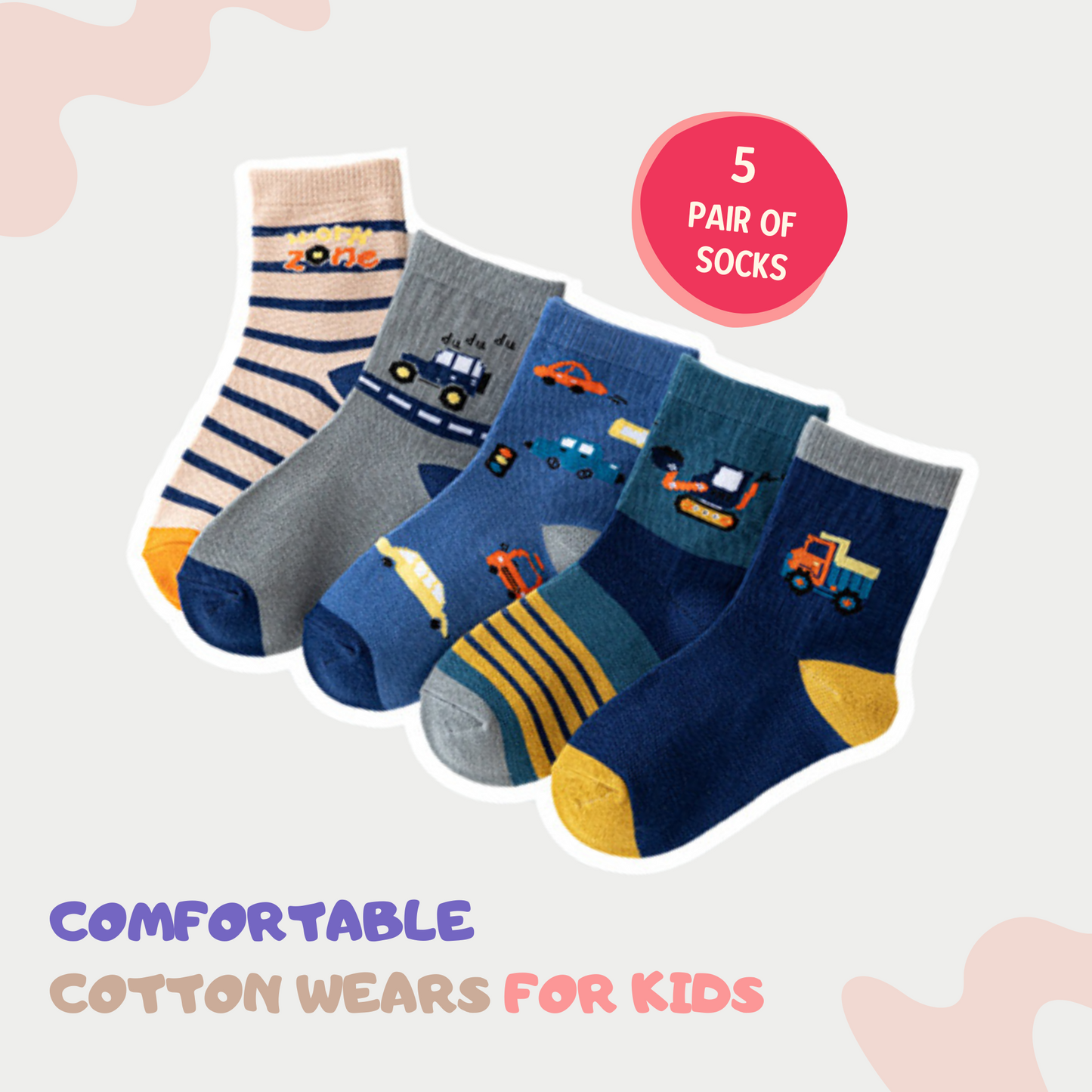 Baby Boys Socks - Cotton Crew Toddler Socks With Fun Transport Pattern Design - Pack of 5 Pair 1-3 Years