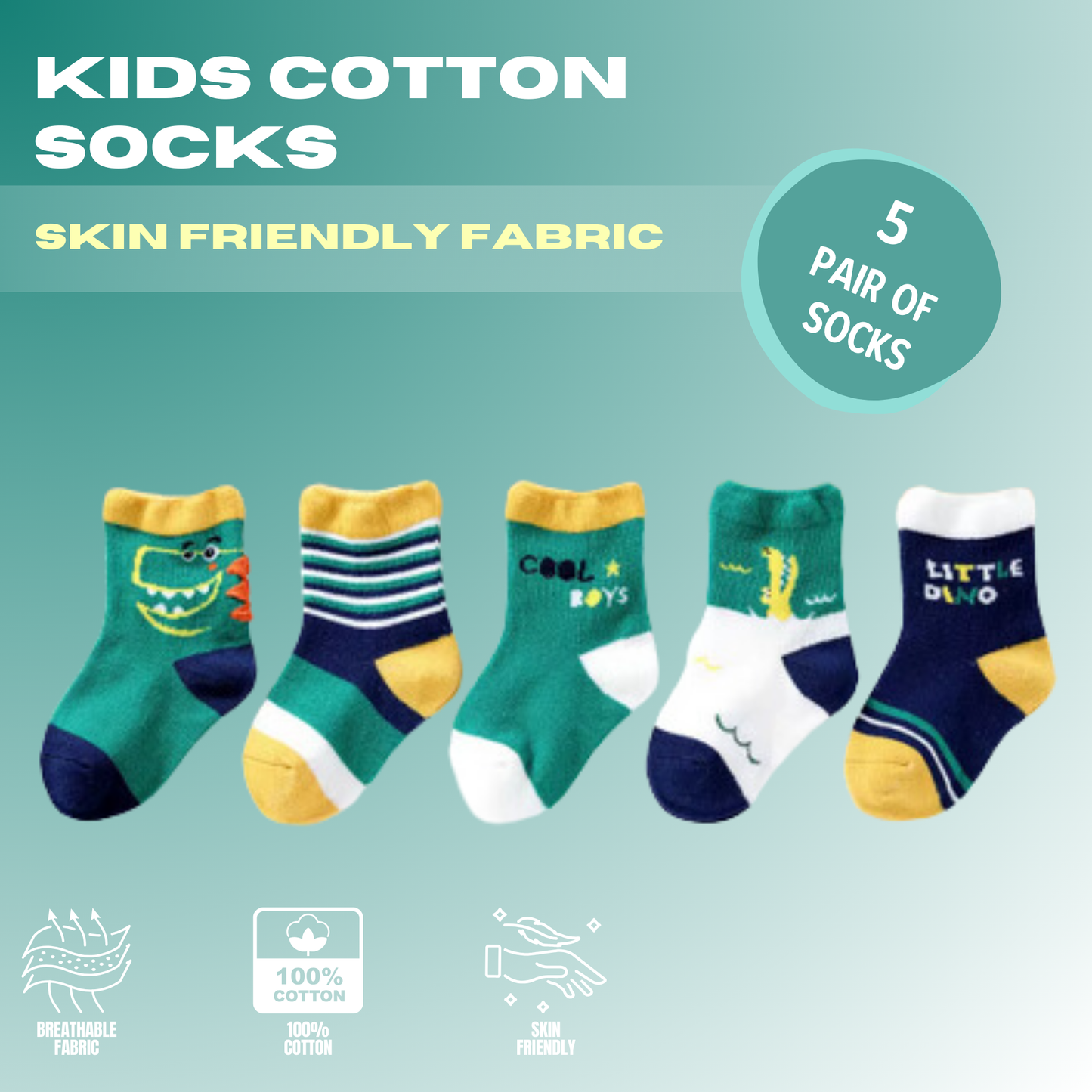 Baby Boys Socks - Cotton Crew Toddler Socks With Fun Dinosaur Pattern Design - Pack of 5 Pair 3-5 Years