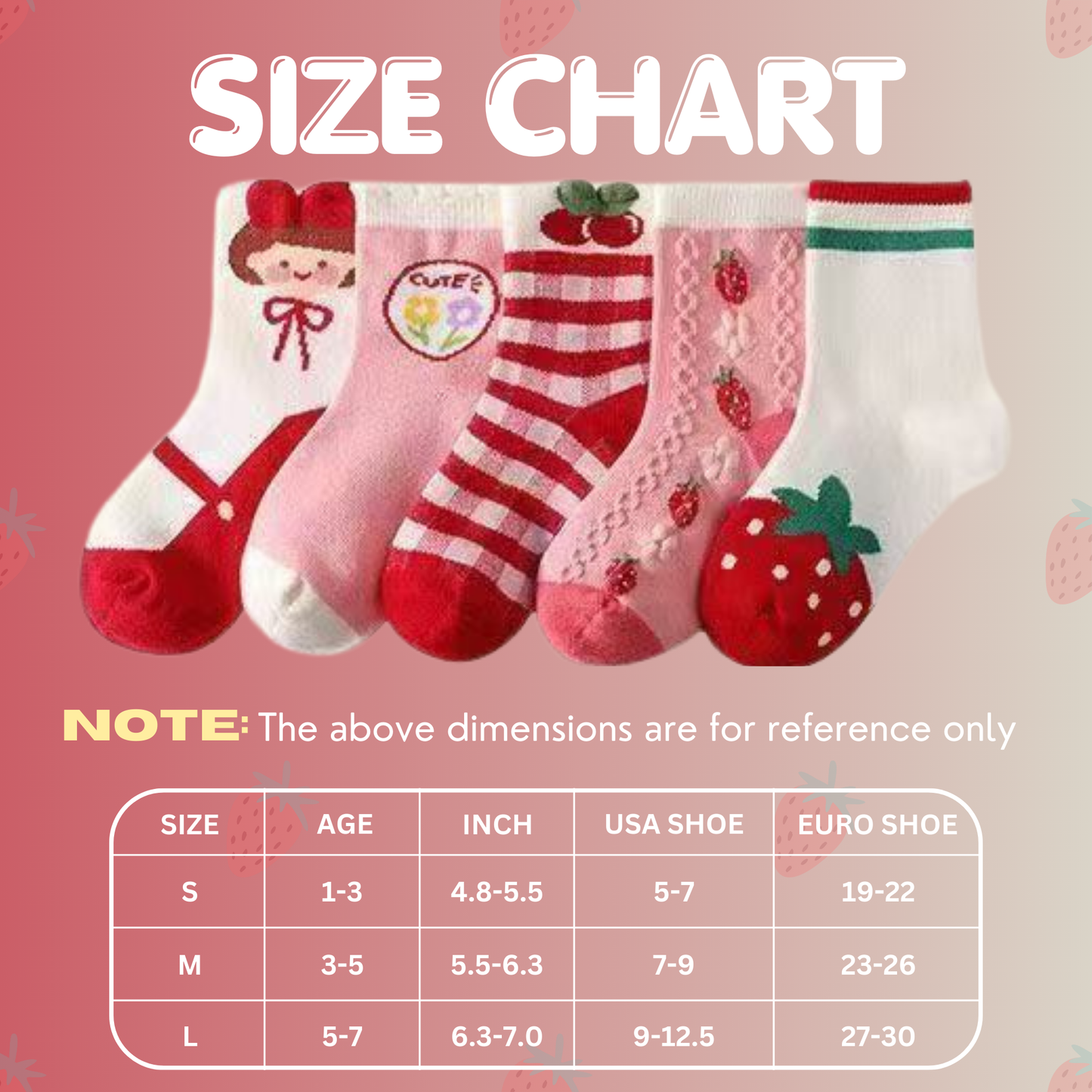 Baby Girls Socks - Cotton Crew Toddler Socks With Strawberry Pattern Design - Pack of 5 Pair 1-3 Years