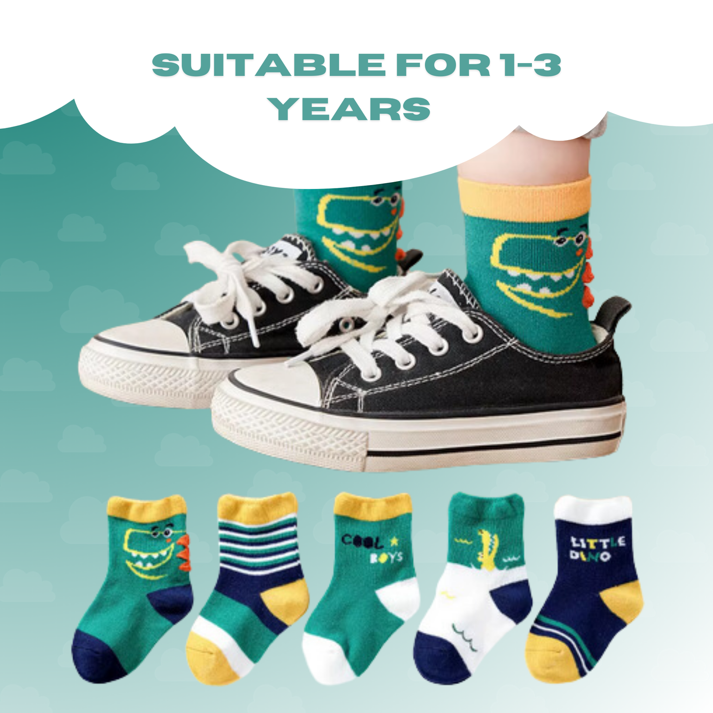 Baby Boys Socks - Cotton Crew Toddler Socks With Fun Dinosaur Pattern Design - Pack of 5 Pair 3-5 Years