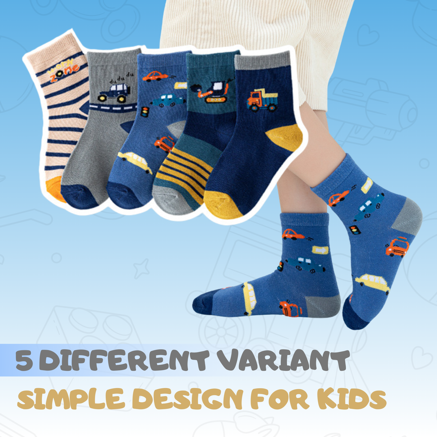 Baby Boys Socks - Cotton Crew Toddler Socks With Fun Transport Pattern Design - Pack of 5 Pair 1-3 Years