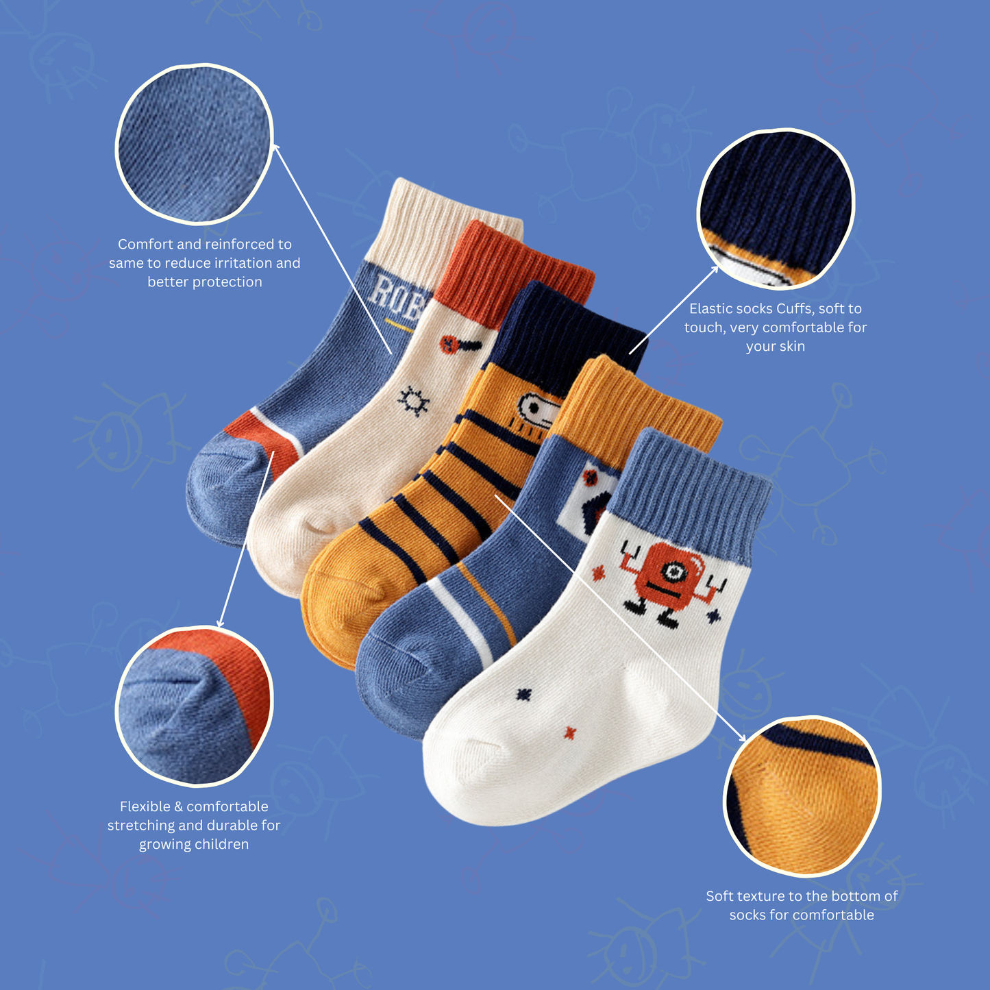 Baby Boys Socks - Cotton Crew Toddler Socks With Fun Robots Pattern Design - Pack of 5 Pair 3-5 Years