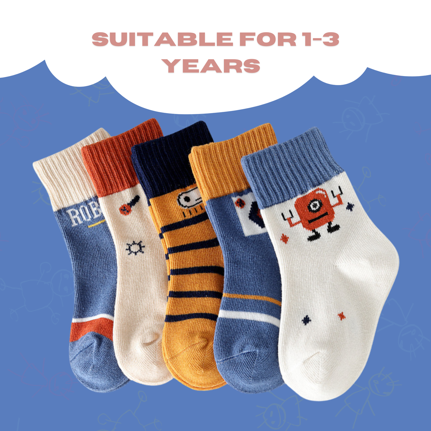 Baby Boys Socks - Cotton Crew Toddler Socks With Fun Robots Pattern Design - Pack of 5 Pair 1-3 Years