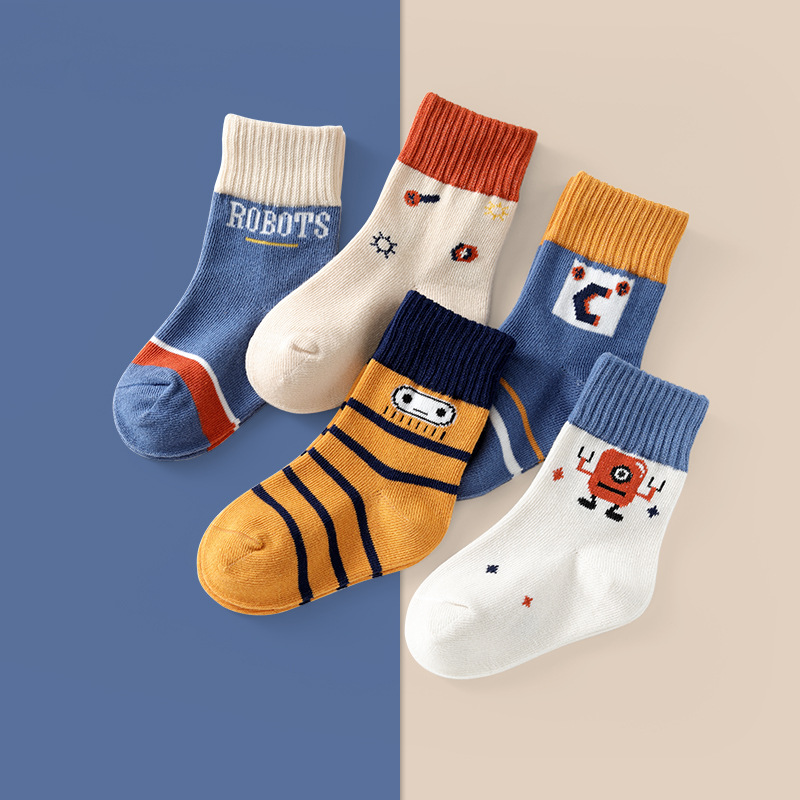 Baby Boys Socks - Cotton Crew Toddler Socks With Fun Robots Pattern Design - Pack of 5 Pair 3-5 Years