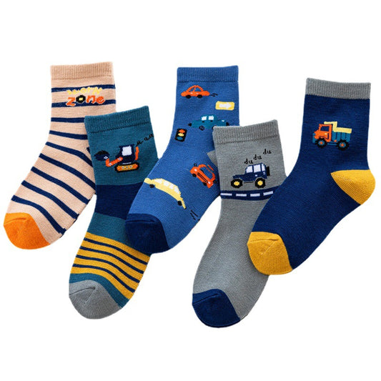 Baby Boys Socks - Cotton Crew Toddler Socks With Fun Transport Pattern Design - Pack of 5 Pair 1-3 Years